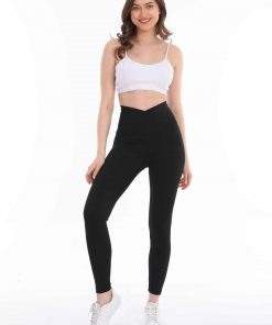 Merter Toptan Tayt İmalatçıları Wholesale leggings Wogues Çapraz Kemer Yüksek Bel Fitilli Tayt - Siyah