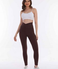 Merter Toptan Tayt İmalatçıları Wholesale leggings Wogues Çapraz Kemer Yüksek Bel Fitilli Tayt - Kahverengi