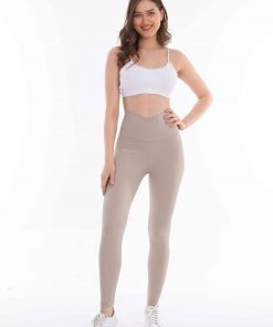 Merter Toptan Tayt İmalatçıları Wholesale leggings Wogues Çapraz Kemer Yüksek Bel Fitilli Tayt - Taş