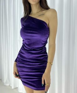 Toptan Bayan Giyim Wholesale Merter Tekstil İmalatçıları Tek Omuz Dekolte Yanları Büzgülü Kadife Elbise