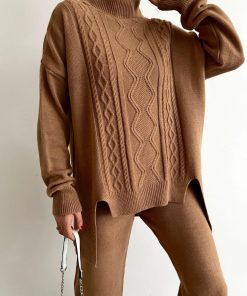 Toptan Bayan Giyim Wholesale Merter Tekstil İmalatçıları Bol Paça Balıkçı Yaka Örgü Desenli Triko Takım