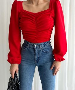 Toptan Bayan Giyim Wholesale Merter Tekstil İmalatçıları Kare Yaka Önü Büzgülü Krep Bluz
