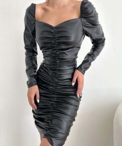 Toptan Bayan Giyim Wholesale Merter Tekstil İmalatçıları Ön ve Arka Büzgülü Drapeli Mini Deri Elbise