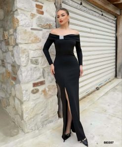 Toptan Bayan Giyim Wholesale Merter Tekstil İmalatçıları Omuz Dekolte Yırtmaçlı Krep Abiye Elbise